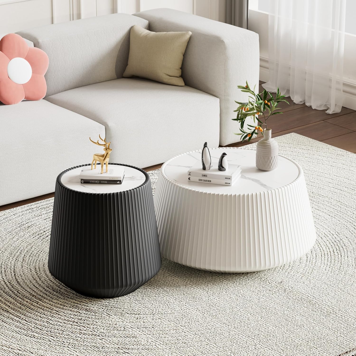 Round Living Room Table Set, 26.77' White Drum Center Table and 19.68' Black Coffee Table Set, 2 Pieces Coffee Table Set with Sintered Stone Tabletop, Fluted PU Leather Covered and Stable Base