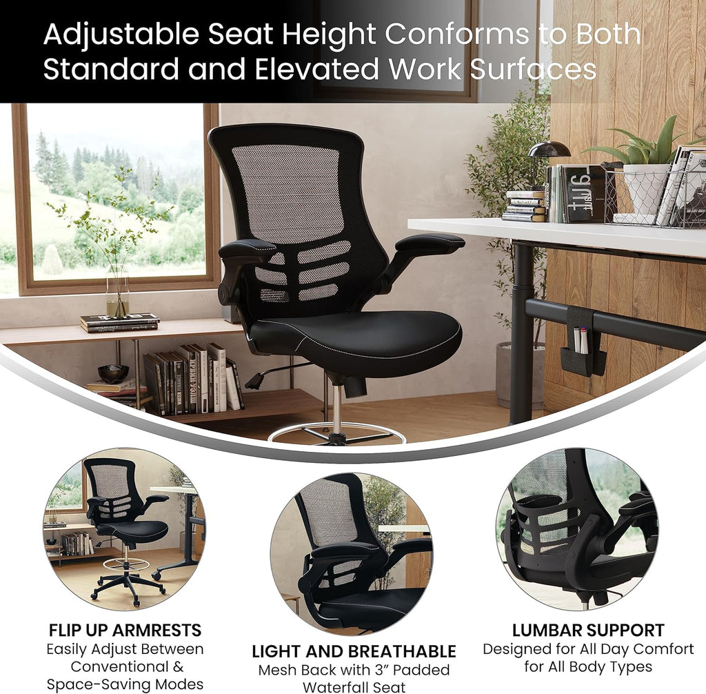 Flash Furniture Kelista Mid-Back Swivel Office Chair with Adjustable LeatherSoft Seat Height, Ergonomic Mesh Chair with Flip-Up Arms, Black
