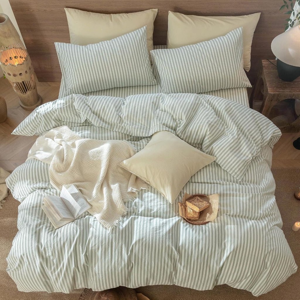 MooMee Striped Duvet Cover Set 100% Washed Cotton Linen Like Textured Breathable Durable Soft Comfy (Sage Green White Classic Stripes, Super King Plus 120'x120')