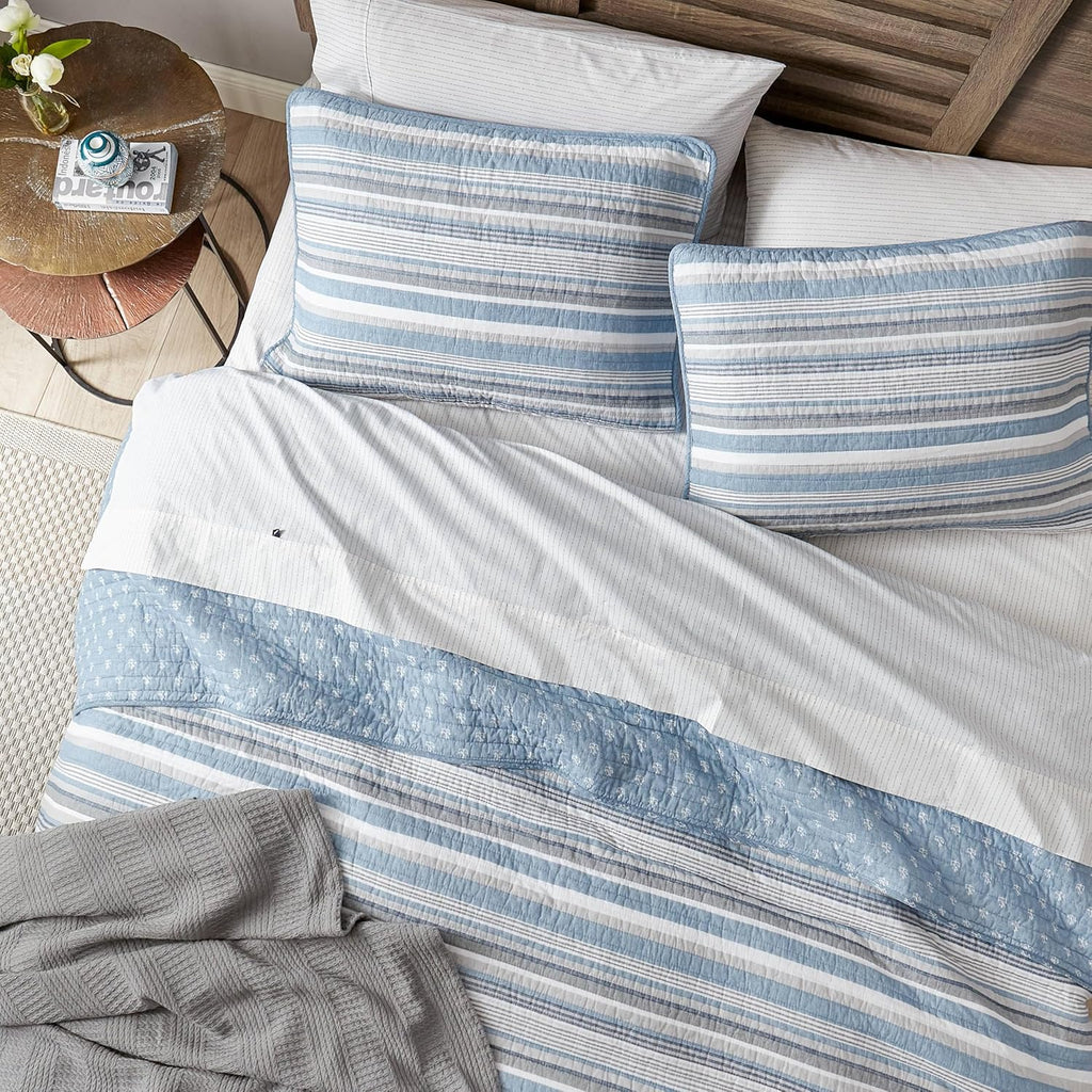 Nautica - Queen Quilt Set, 100% Cotton Bedding with Matching Shams, Reversible Stripe and Anchor Design, Lightweight for Year-Round Layering (Jettison Blue)