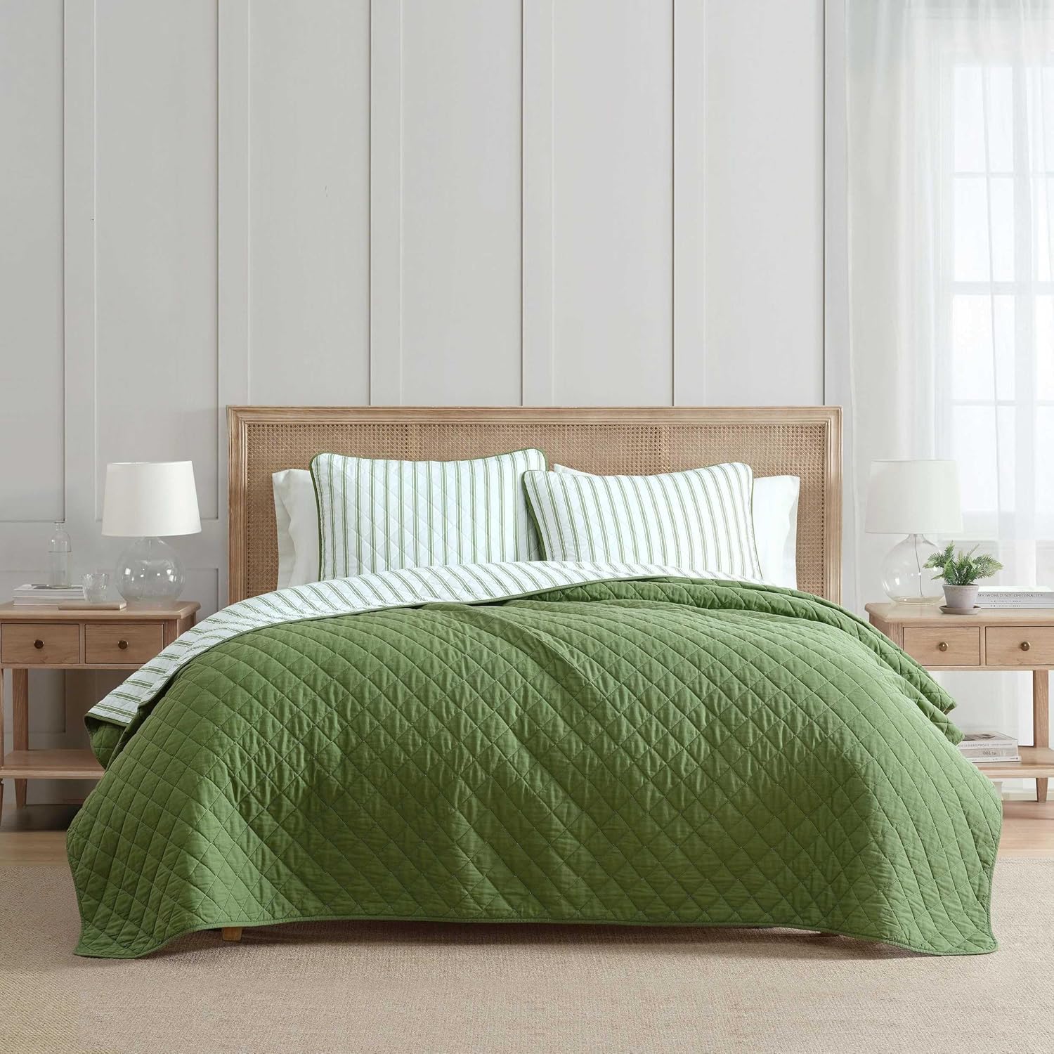 Martha Stewart - King Quilt Set, 100% Soft & Breathable Bedding with a Lightweight Feel for Year Round Comfort, 3 Piece Bed Set with Matching Pillowcases (Ticking Stripe Green)