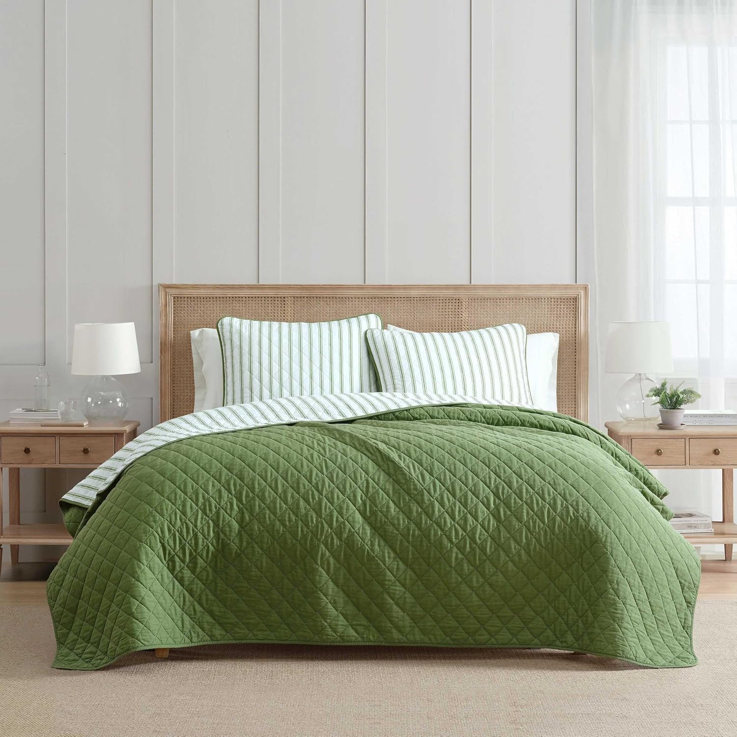 Martha Stewart - Queen Quilt Set, 100% Soft & Breathable Bedding with a Lightweight Feel for Year Round Comfort, 3 Piece Bed Set with Matching Pillowcases (Ticking Stripe Green)