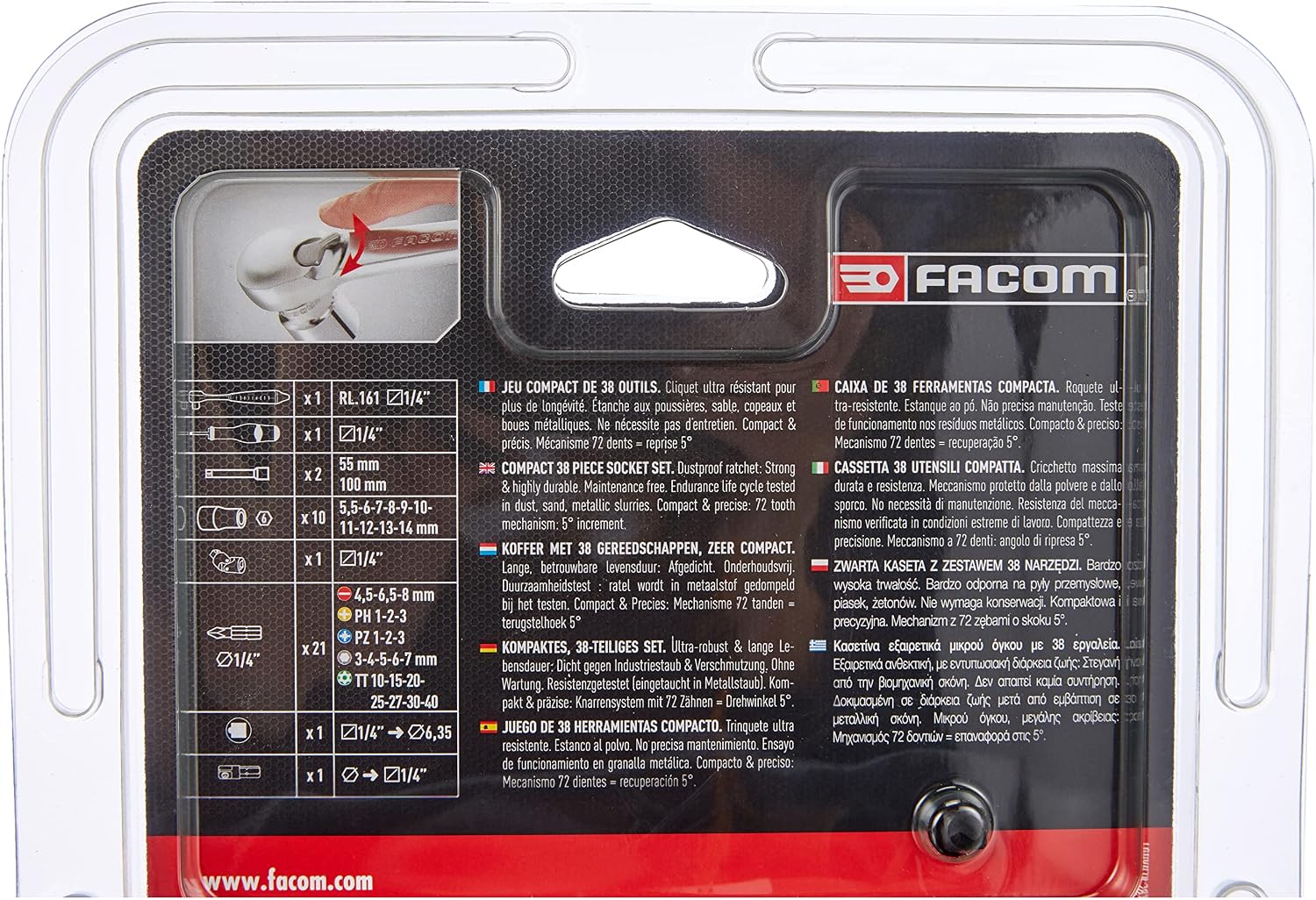 FACOM - 1/4 Inch Square Socket Set (38 Tools & Parts) - RL.NANO1PB - Ratchet Wrenches, Screwdrivers and Bits - Complete Clamping and Screwing Set - Hand Tools