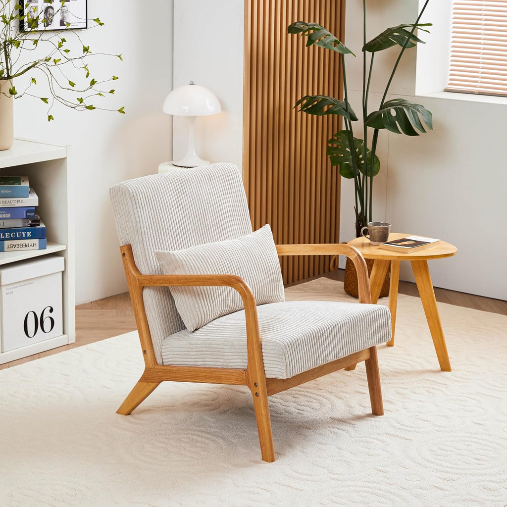QQU Corduroy Accent Chairs Set of 2 with Waist Cushions, Mid-Century Modern Living Room Chairs, Sturdy Wood Frame Armchairs, Upholstered Accent Chairs Set for Living Room, Bedroom, Apartments, Beige