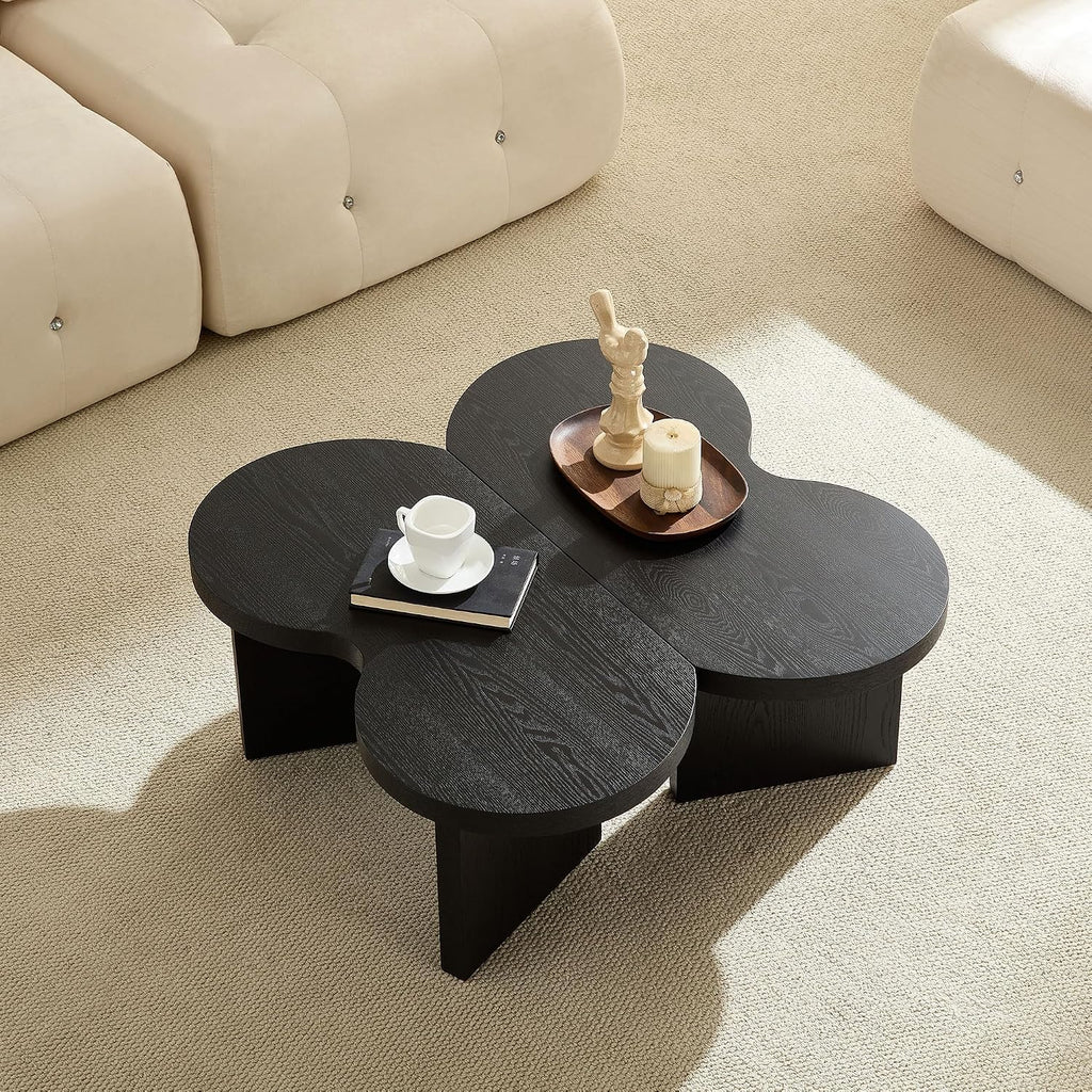31.49' Nesting Coffee Table Set of 2 for Living Room, Couch/Bedroom Side, Unique Butterfly Shaped, Irregular Wood Fun Center Table for Small Space- Black