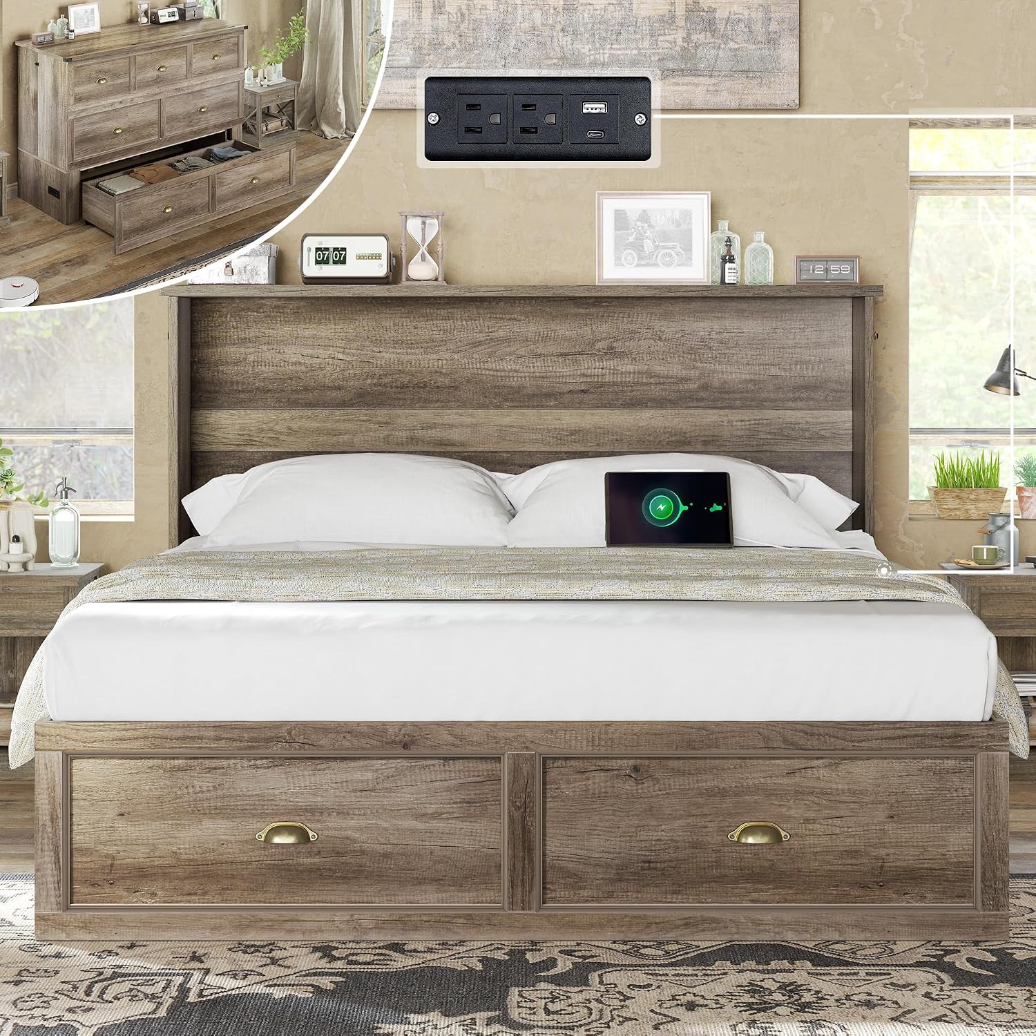 AMERLIFE Full Size Murphy Bed with Folding Mattress, Farmhouse Wooden Cabinet with Charging Station and Storage Drawer for Bedroom/Office/Guest Room, Grey Oak