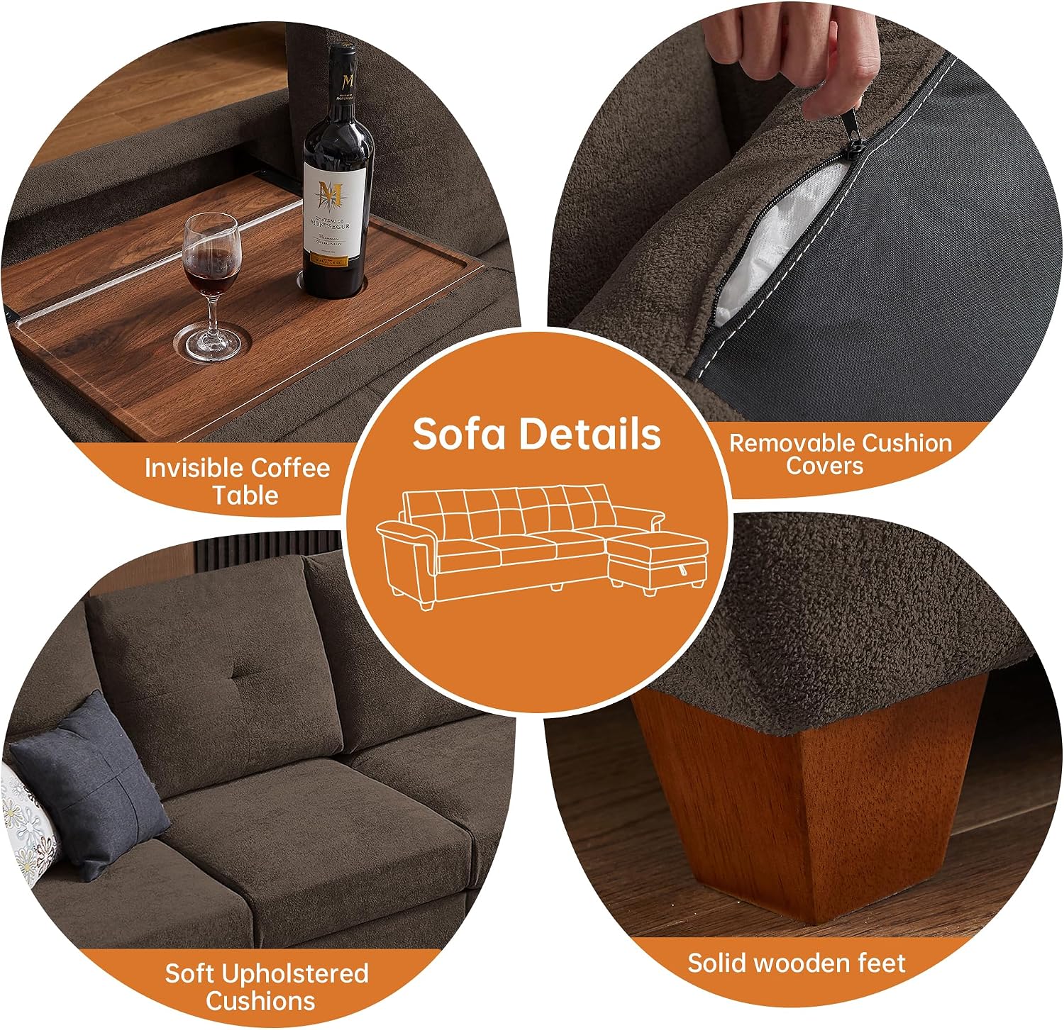 108' Sectional Sofa, Convertible L Shaped Sofa with Ottoman and Large Storage, 4 Seat Sectional Couch with Cup Holder, Couches for Living Room, Apartment, Office (Brown)
