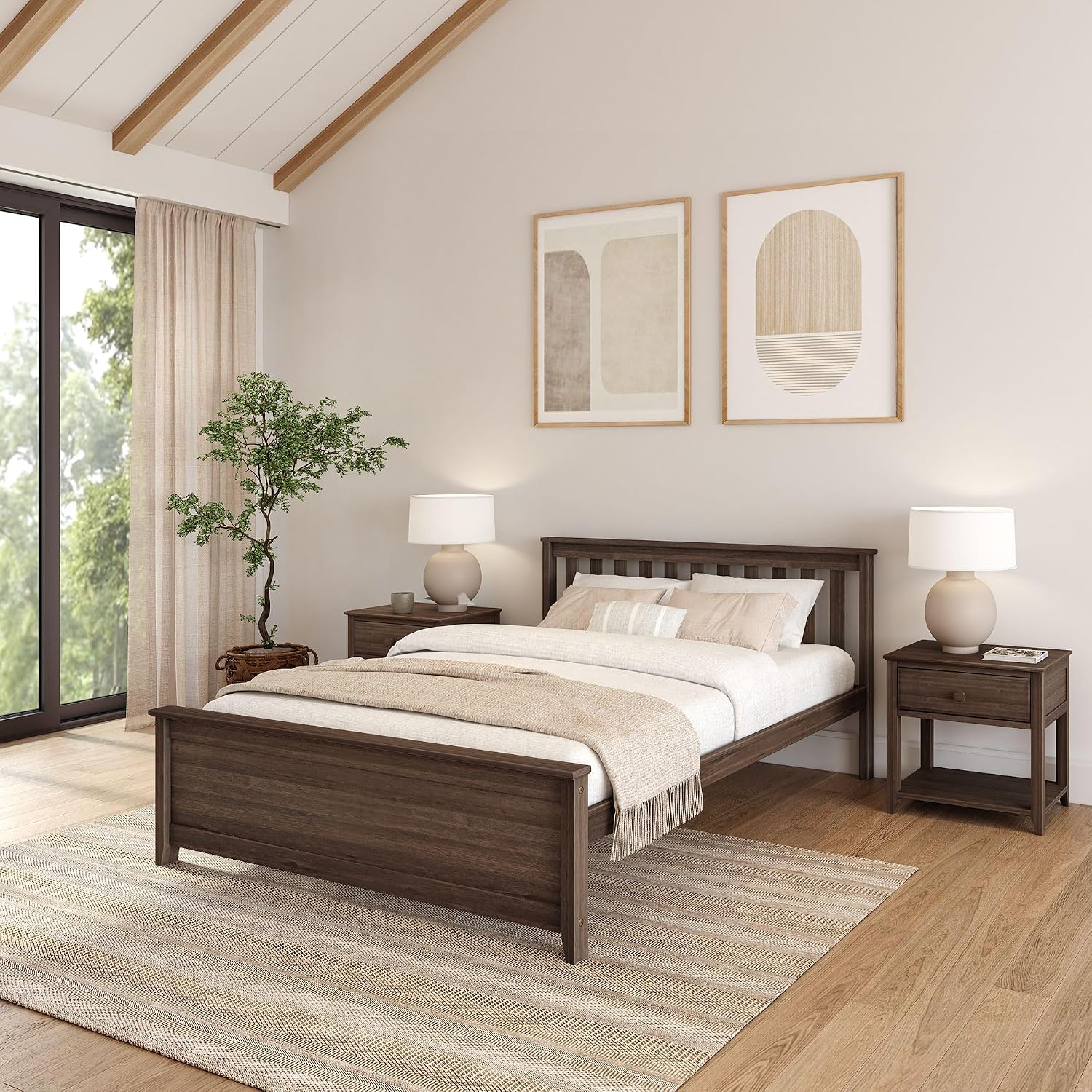 Plank+Beam Solid Wood Queen Bed Frame, Platform Bed with Headboard, Walnut