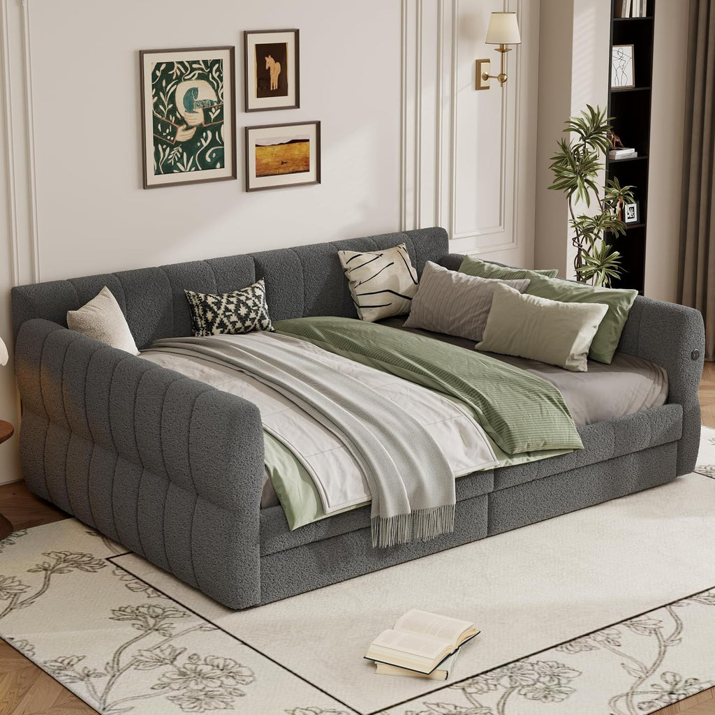 RuiSiSi King Size Daybed with Drawers, Upholstered Daybed with USB Ports, King Upholstered Sofa Bed Frame with Storage, Gray