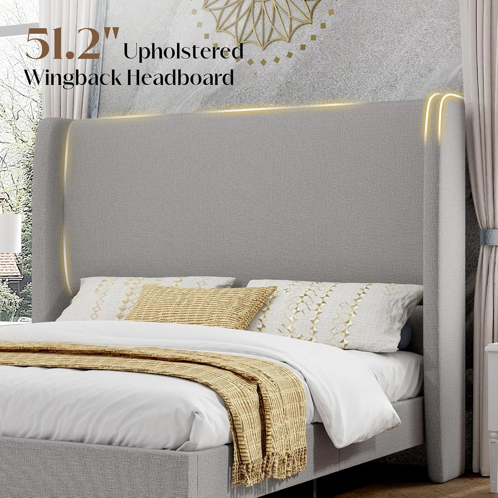 PaPaJet King Bed Frame with 51.2' Tall Wingback Headboard,Line Upholstered Platform Bed,Solid Wood Legs,No Box Spring Needed,Noise-Free&Easy Assembly,for Master Bedroom & Luxury Home,Light Grey