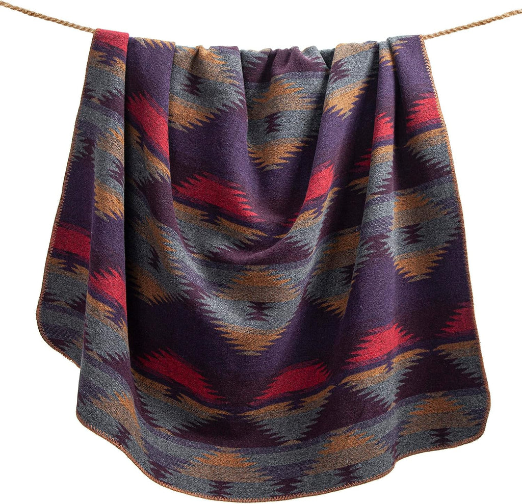 Paseo Road Gila Wool Blend Western Blanket Set, 2 Piece Twin Purple Geometric Print Aztec Blanket, Southwestern Tribal Indian Modern Rustic Warm Blanket Set with Pillow Sham