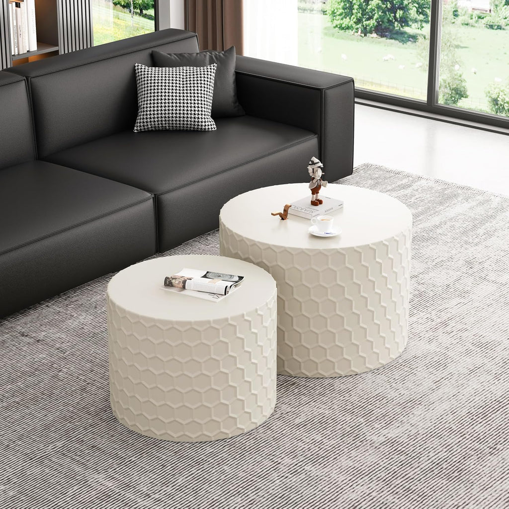 Round Nesting Coffee Table Set of 2, Modern Circular Side Table Set with Honeycomb Design, 2 Piece Nesting End Table Accent Tables Coffee Table for Living Room Bedroom Apartment - Beige