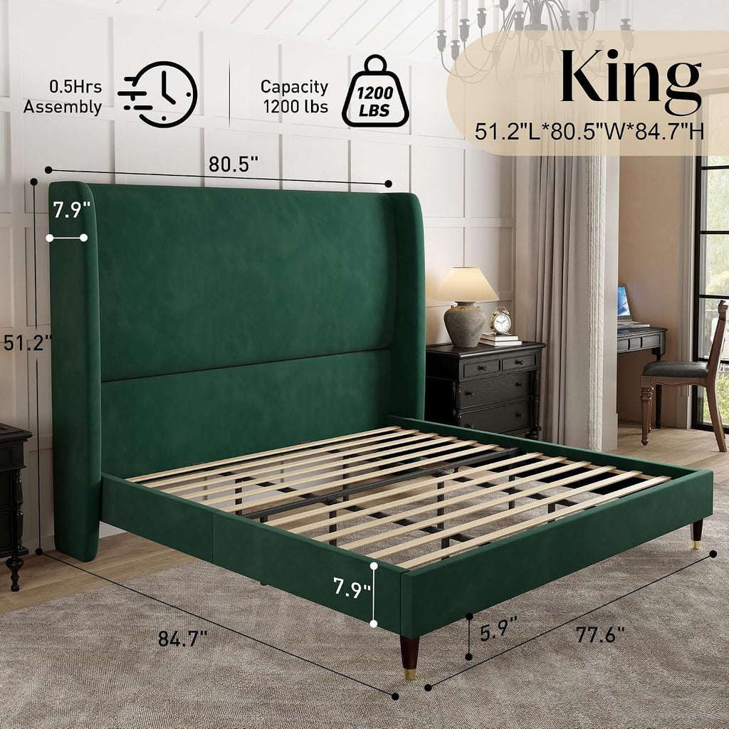 PaPaJet King Bed Frame with 51.2' Tall Wingback Headboard,Velvet Upholstered Platform Bed,Solid Wood Legs,No Box Spring Needed,Noise-Free&Easy Assembly,for Master Bedroom & Luxury Home,Green