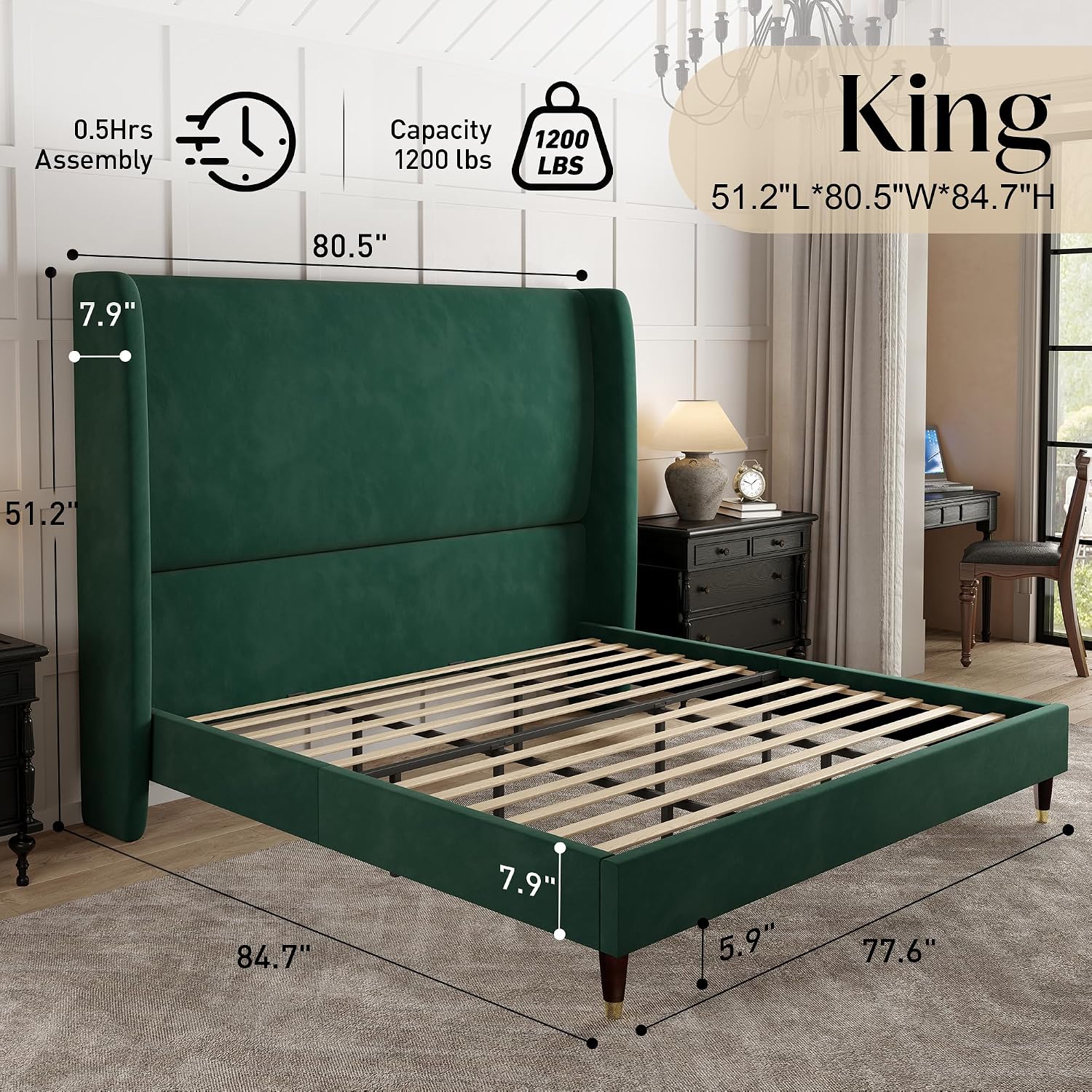 PaPaJet King Bed Frame with 51.2' Tall Wingback Headboard,Velvet Upholstered Platform Bed,Solid Wood Legs,No Box Spring Needed,Noise-Free&Easy Assembly,for Master Bedroom & Luxury Home,Green
