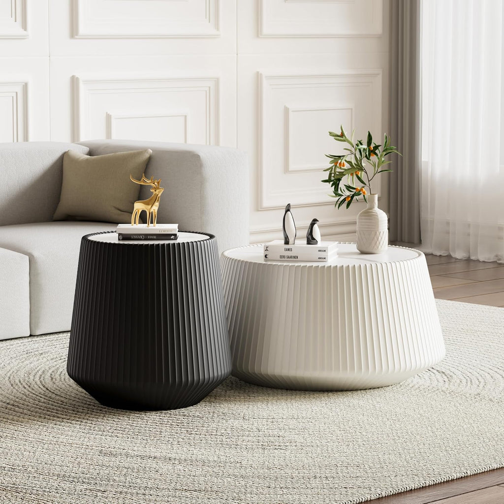 Round Living Room Table Set, 26.77' White Drum Center Table and 19.68' Black Coffee Table Set, 2 Pieces Coffee Table Set with Sintered Stone Tabletop, Fluted PU Leather Covered and Stable Base