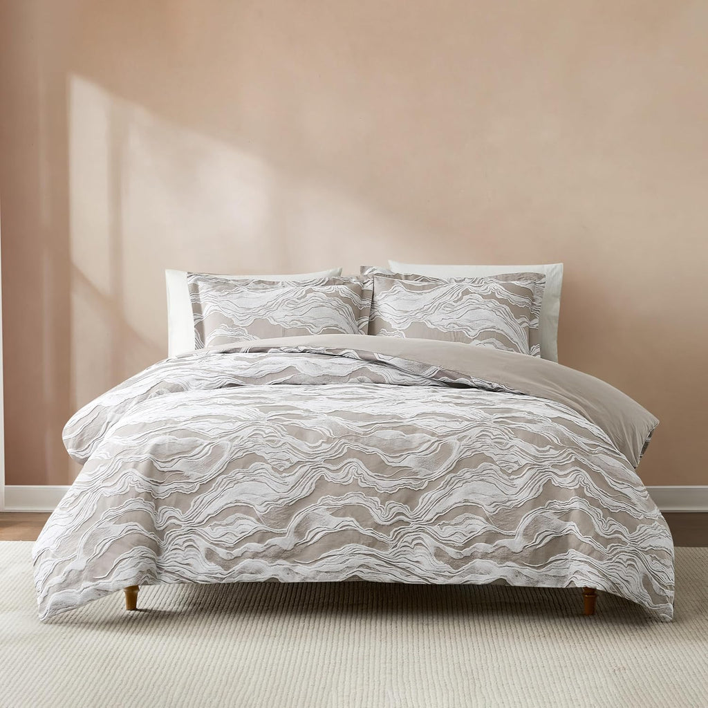 Lush Decor x Chuks Collins Cascade Wave Duvet Cover 3 Piece Set Queen Gray & White - Cotton Duvet Cover Queen - Luxury Bedding Set - Gray Duvet