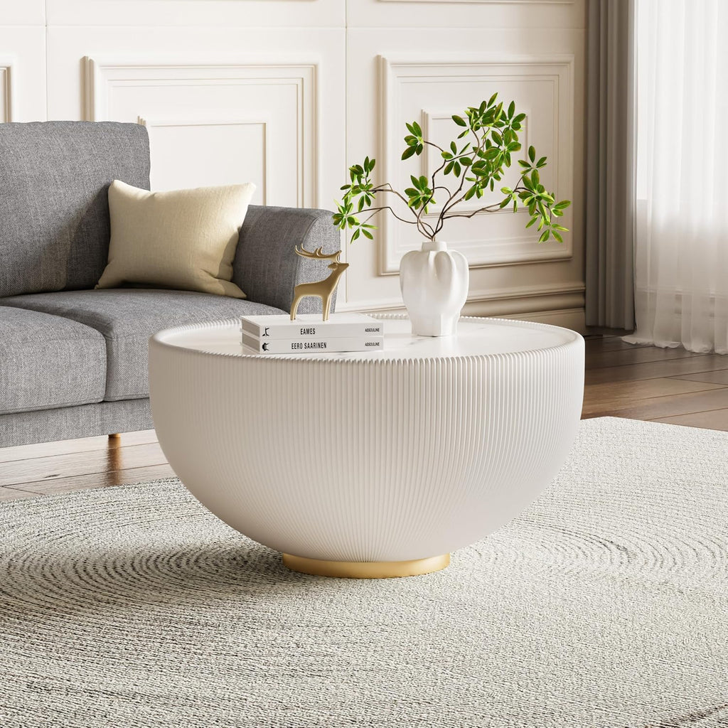 Round Coffee Table Set, 27.56' White Drum Center Table and 19.69' Grey Coffee Table Set, 2 Pieces Living Room Table Set with Sintered Stone Tabletop, Fluted PU Leather Covered and Metal Base