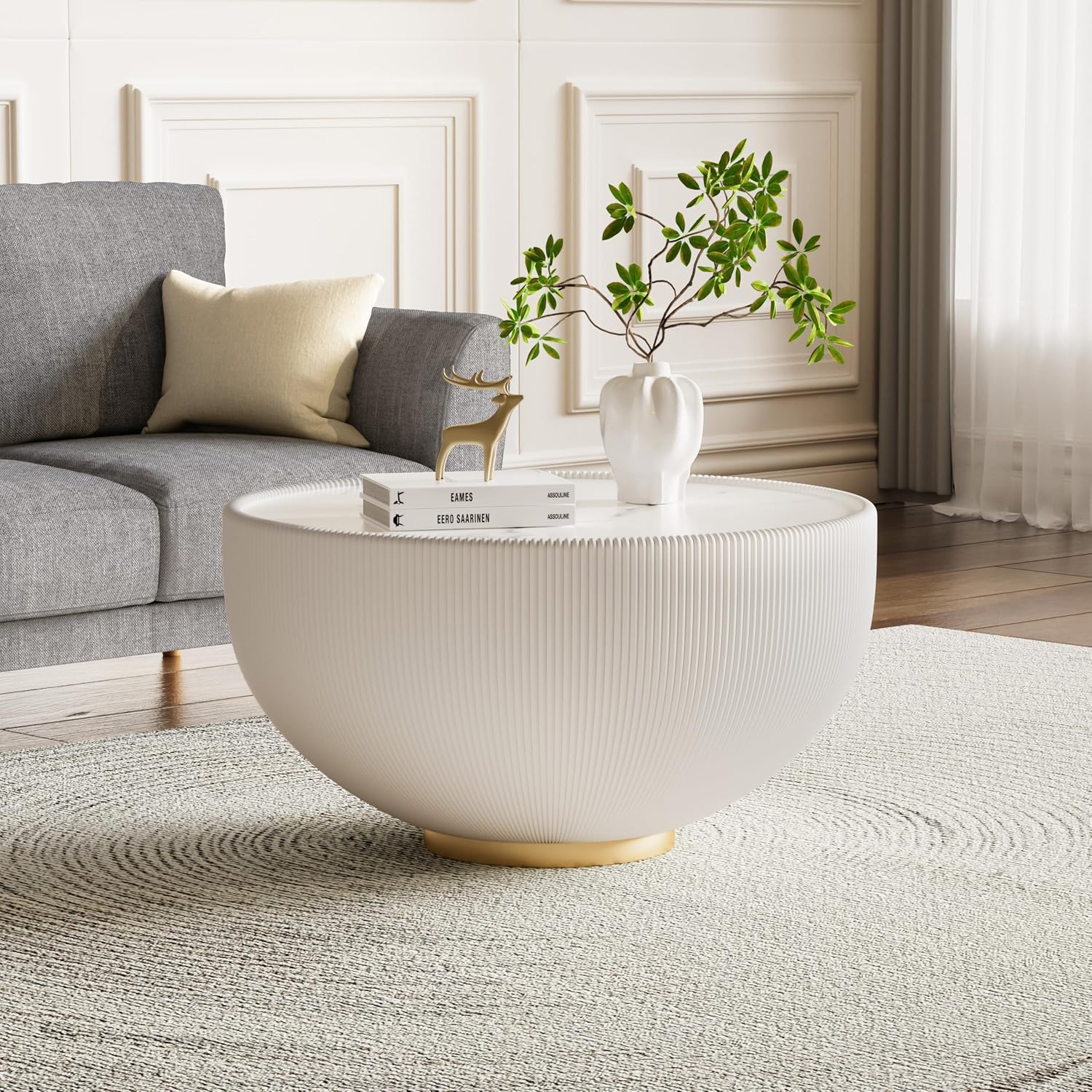 Round Coffee Table Set, 27.56' White Drum Center Table and 19.69' Grey Coffee Table Set, 2 Pieces Living Room Table Set with Sintered Stone Tabletop, Fluted PU Leather Covered and Metal Base