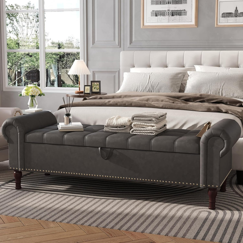 Apicizon 60' Bench with Storage, Upholstered Tufted Button Bedroom Bench with Storage, Faux Leather End of Bed Bench with Rolled Arms, Storage Ottoman Bench for Bedroom, Living Room, Entryway, Gray