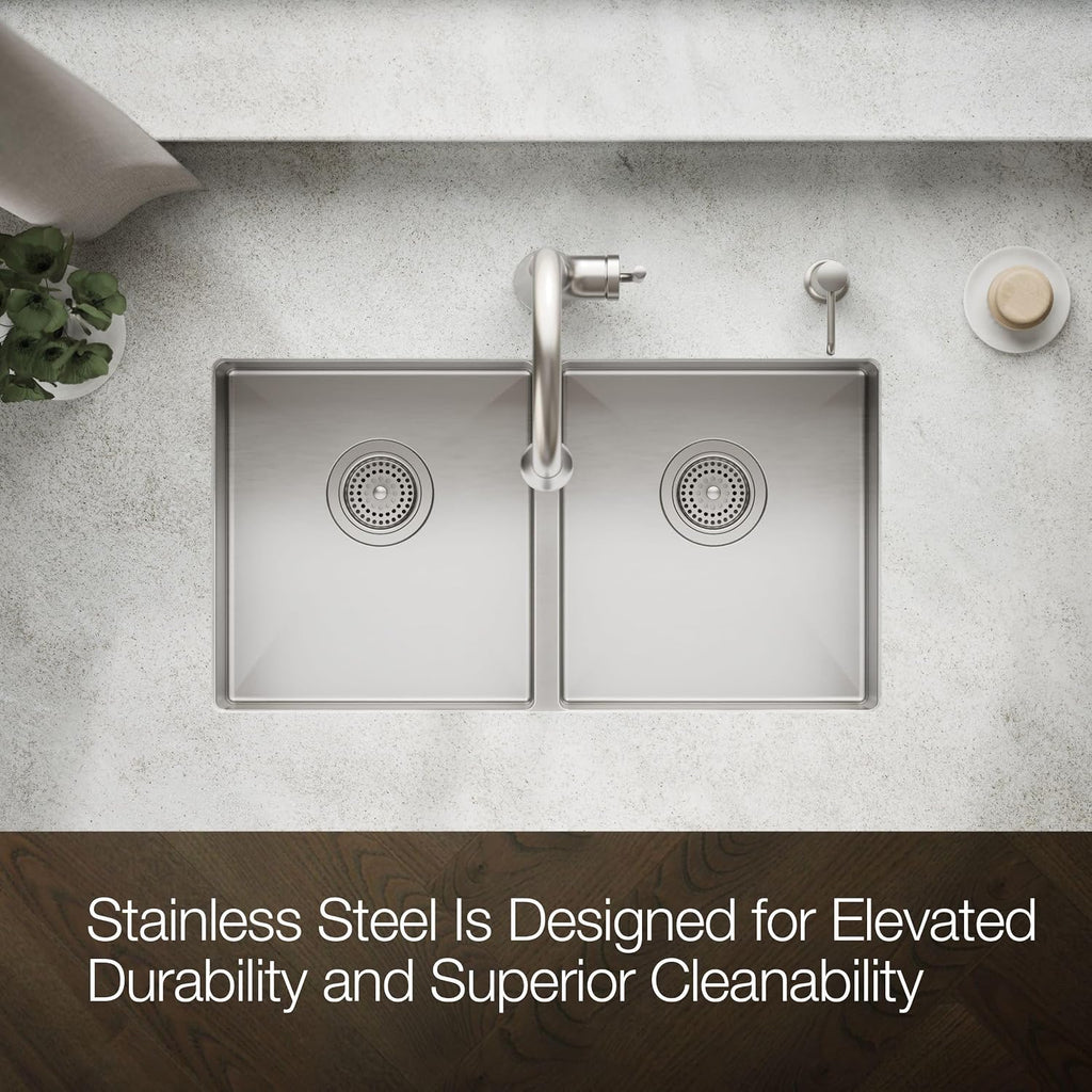 KOHLER Strive 29-1/2' Undermount Double-Bowl Kitchen Sink, Includes Accessories, Stainless Steel, Durable Construction, Sound-Absorbing, K-33155-NA