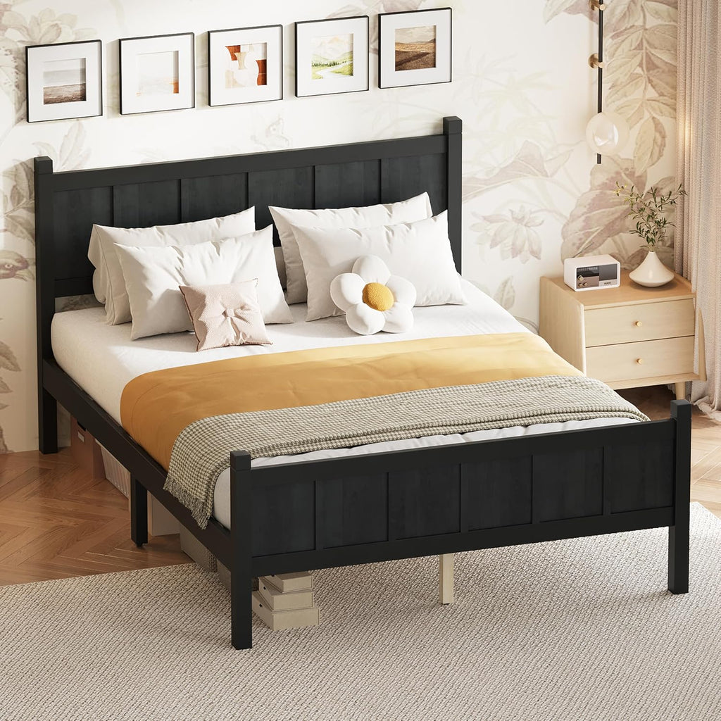 Full Size Flat Panel Bed with Headboard & Footboard, Minimalist Modern Platform Bed with Wood Grain Finish, Shaker & Farmhouse, 11.5' Under-Bed Storage, Sleek & Functional (Black3, Full)