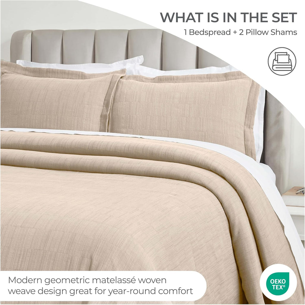 Superior 3 Piece Cotton Bedspread and Sham Set, Home Bed Decor, Decorative Bed Spread, 2 Pillow Shams, Medium Weight, Textured Matelasse Coverlet, Bedding Essentials, Zenith Collection, Full, Beige