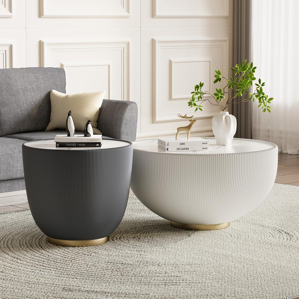 Round Coffee Table Set, 27.56' White Drum Center Table and 19.69' Grey Coffee Table Set, 2 Pieces Living Room Table Set with Sintered Stone Tabletop, Fluted PU Leather Covered and Metal Base