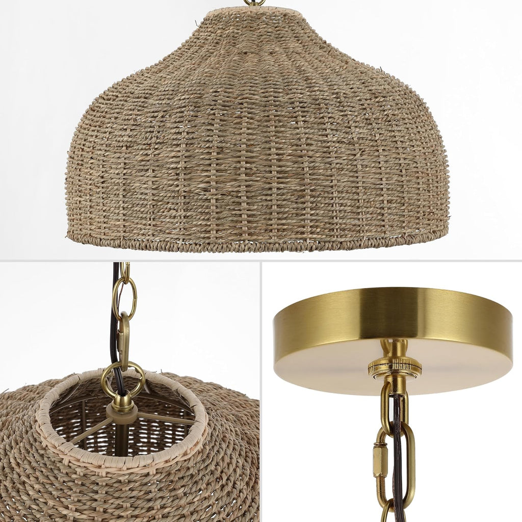 JONATHAN Y 20' Brown/Brass Gold 1-Light Rattan and Iron Dome Pendant Light, Adjustable Height Coastal Bohemian Hanging Lamp for Kitchen Island, LED Bulb Included JYL1133A