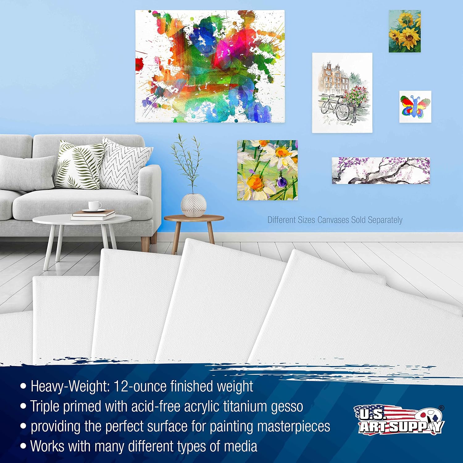 U.S. Art Supply 30 x 30 inch Stretched Canvas 12-Ounce Triple Primed, 6-Pack - Professional Artist Quality White Blank 3/4' Profile, 100% Cotton, Heavy-Weight Gesso - Acrylic Pouring, Oil Painting