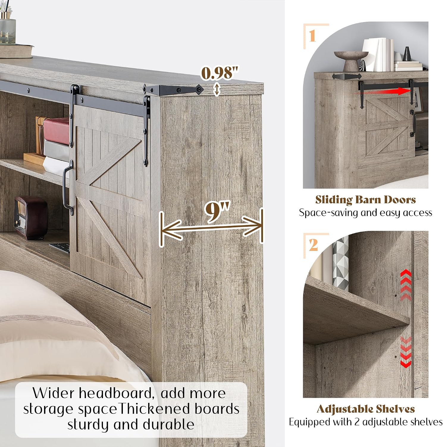 AMERLIFE Farmhouse Queen Bed Frame with Storage Headboard & Charging Station, Rustic Wood Platform Bed with Barn Door Bookcase, No Box Spring Needed, Light Grey Bedroom Furniture