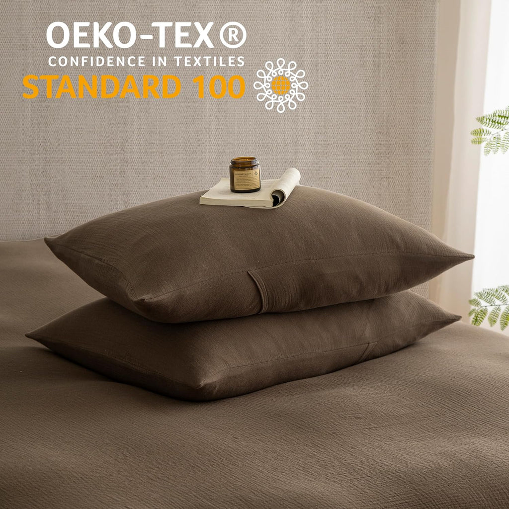 Muslin Duvet Cover 100% Washed Cotton, Oversized King Size Duvet Cover Set Linen Like, Minimalist Soft Comforter Cover, Lightweight Gauze Duvet Cover with 2 Pillowcases, 98'x120', Dark Brown