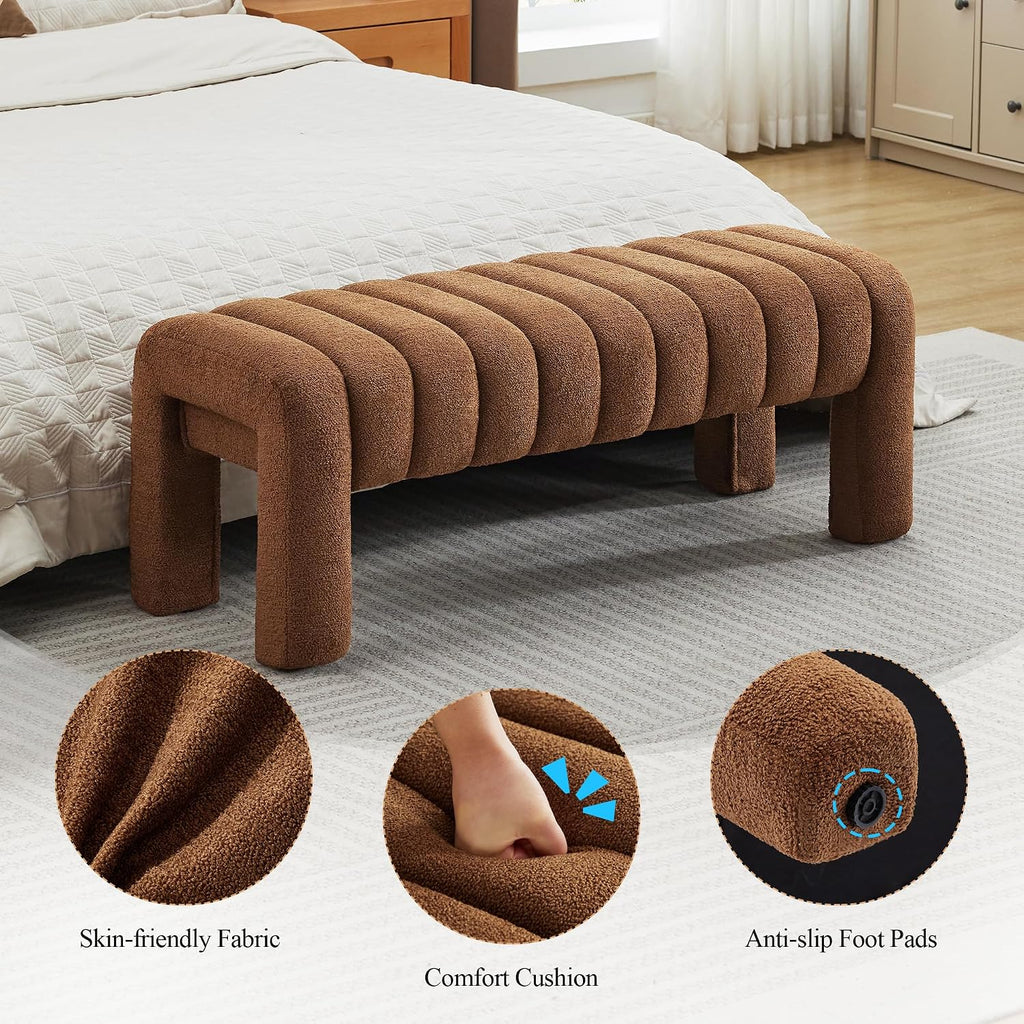 43'' Bedroom Bench, Upholstered End of Bed Bench with Solid Wood Legs, Modern Small Dining Bench with Full Covered Fabrics for Entryway, Bedroom, Living Room (Rust Brown, Boucle)