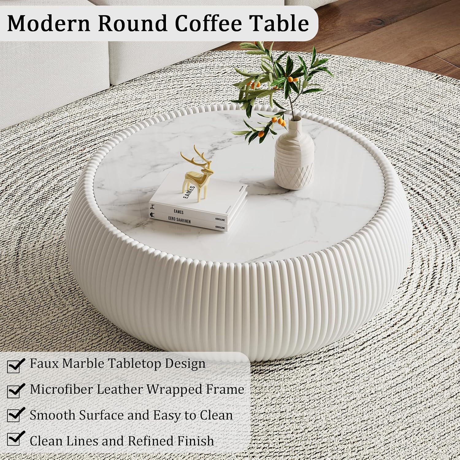 White Round Coffee Table, 27.55' Drum Coffee Table with Sintered Stone Tabletop and Fluted PU Leather Covered and Stable Base, Circle Cocktail Tea Table for Living Room