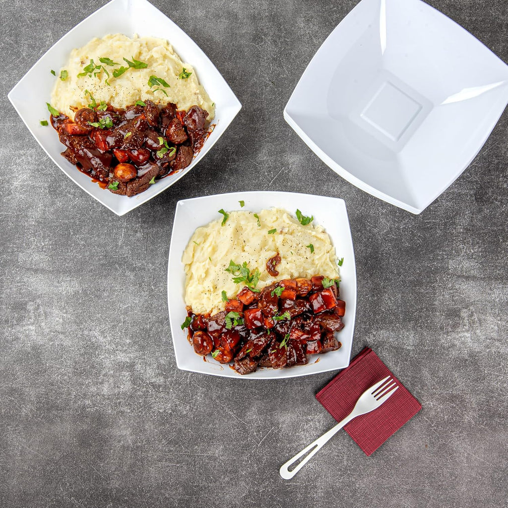 Restaurantware Moderna 64 Ounce Fancy Plastic Bowls 100 Square Disposable Salad Bowls - Durable Heavy-duty White Plastic Bowls For Warm And Cold Foods