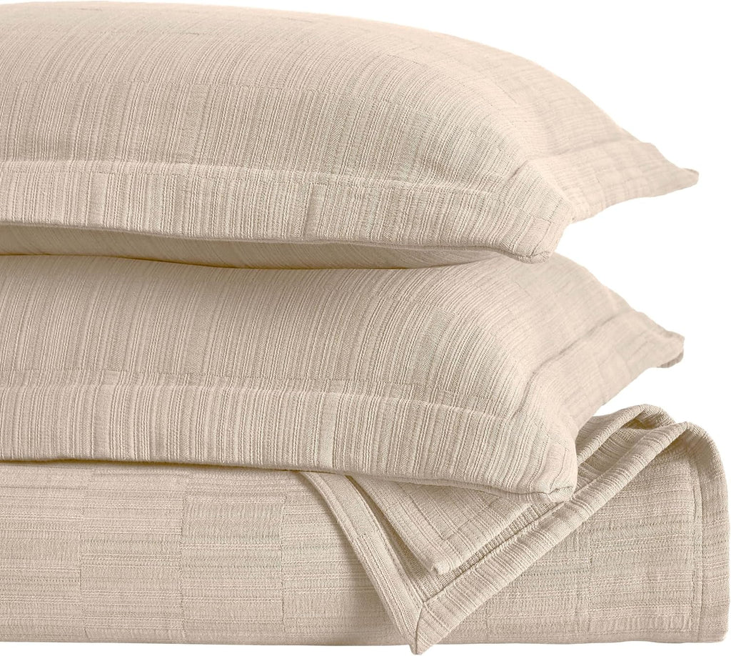 Superior 3 Piece Cotton Bedspread and Sham Set, Home Bed Decor, Decorative Bed Spread, 2 Pillow Shams, Medium Weight, Textured Matelasse Coverlet, Bedding Essentials, Zenith Collection, Full, Beige