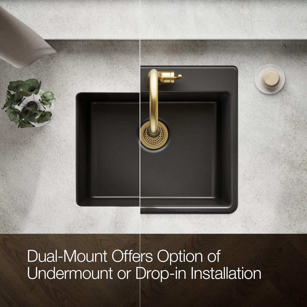 KOHLER 28003-1-CM1 Kennon® 25' Top-/Undermount Single-Bowl Kitchen Sink, Includes Sink Rack, Matte Black