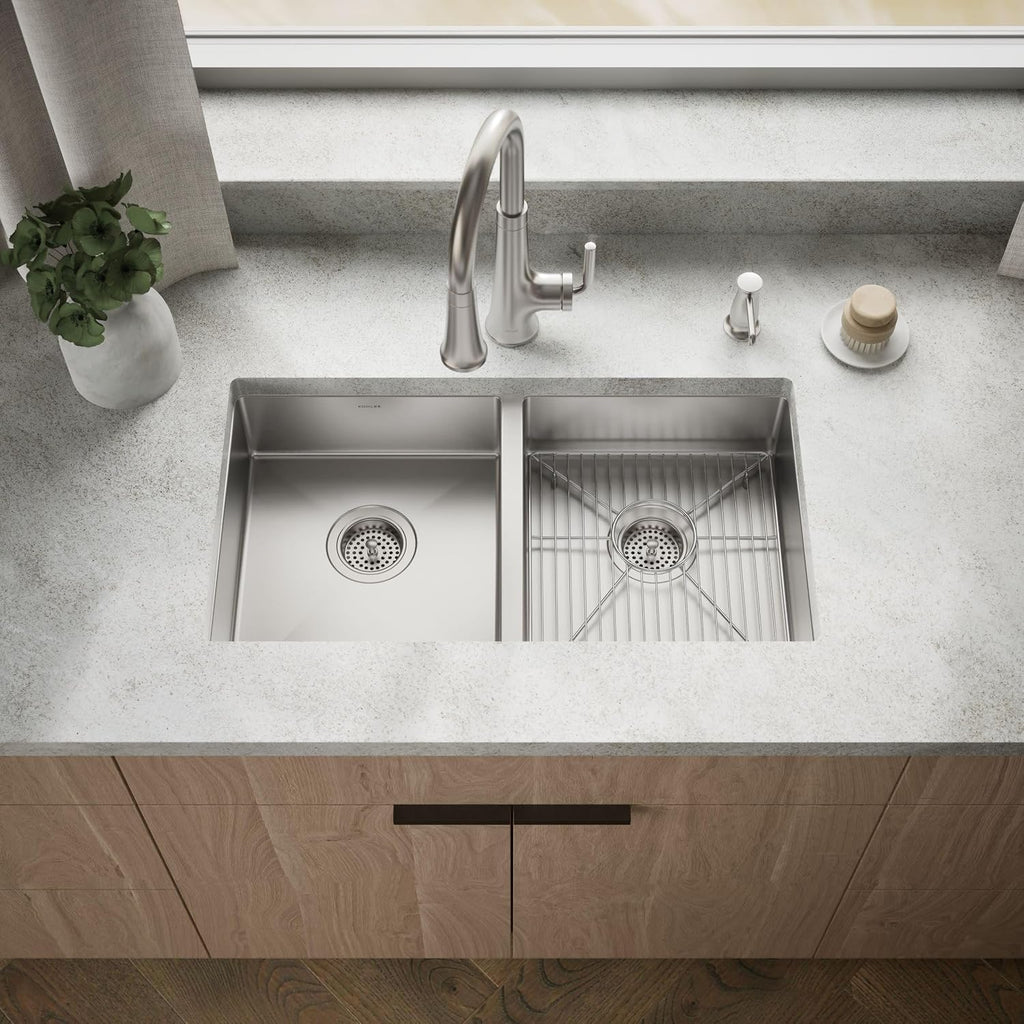KOHLER Strive 29-1/2' Undermount Double-Bowl Kitchen Sink, Includes Accessories, Stainless Steel, Durable Construction, Sound-Absorbing, K-33155-NA