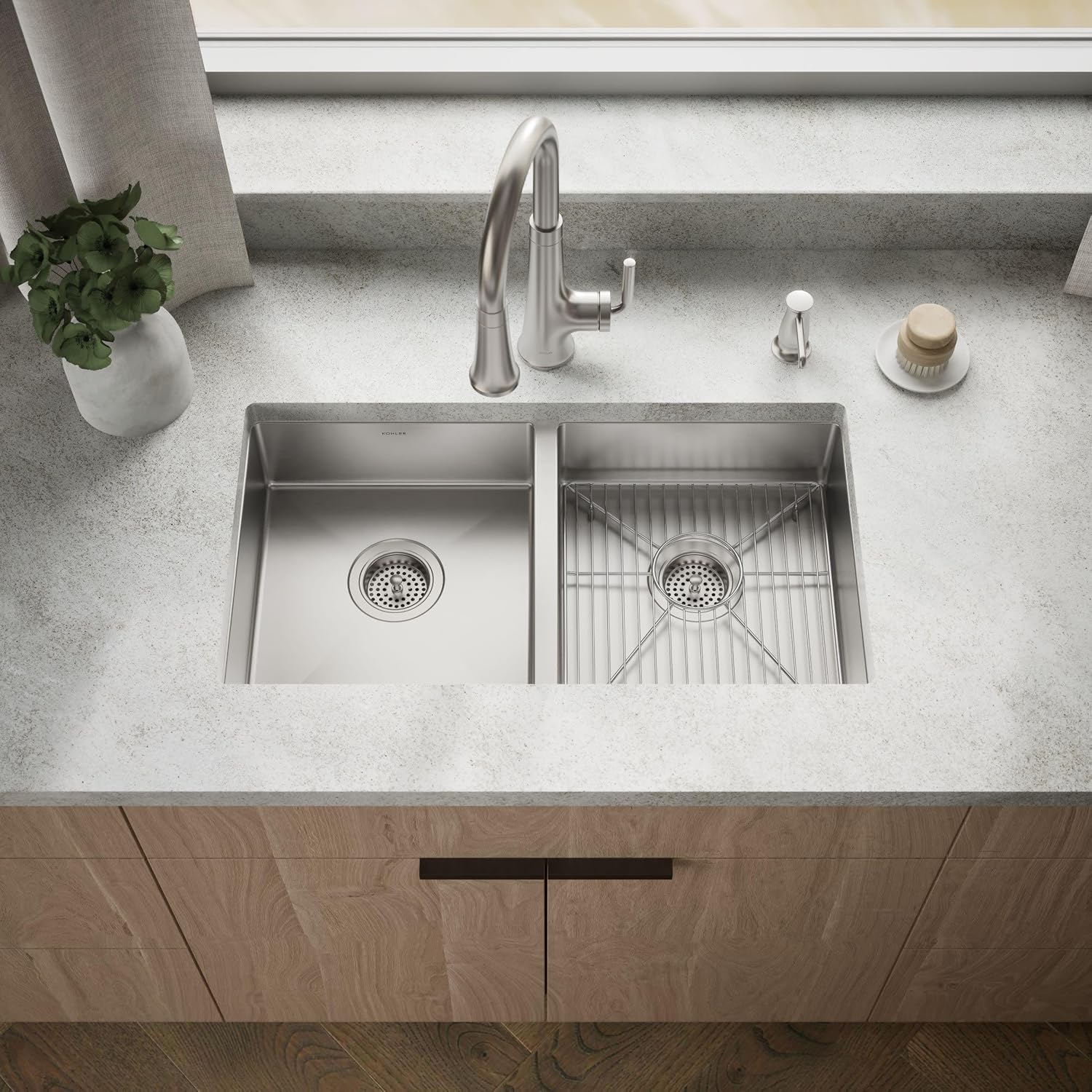 KOHLER Strive 29-1/2' Undermount Double-Bowl Kitchen Sink, Includes Accessories, Stainless Steel, Durable Construction, Sound-Absorbing, K-33155-NA