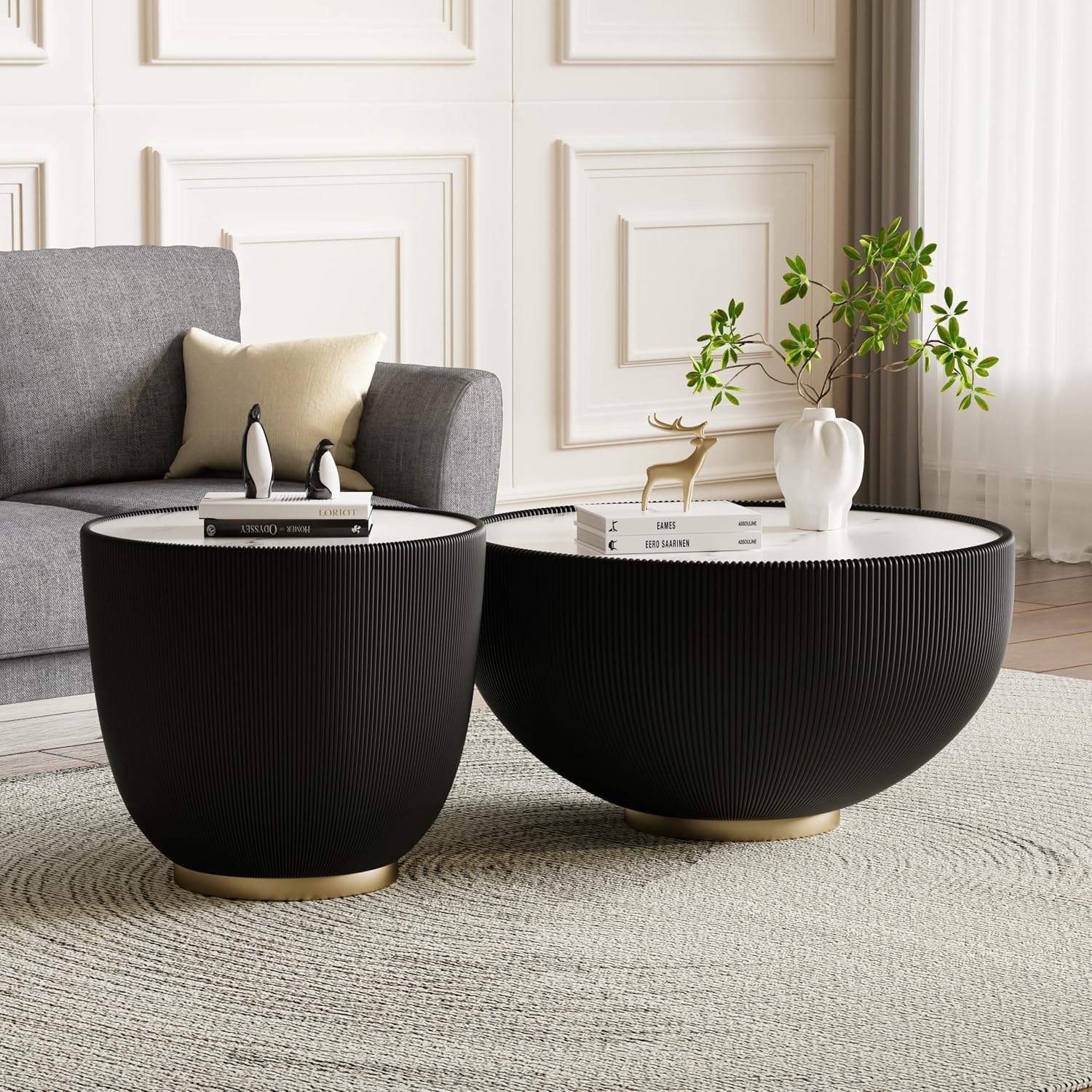 Round Living Room Table Set, 27.56' Black Drum Center Table and 19.69' Black Coffee Table Set, 2 Pieces Coffee Table Set with Sintered Stone Tabletop, Fluted PU Leather Covered and Metal Base