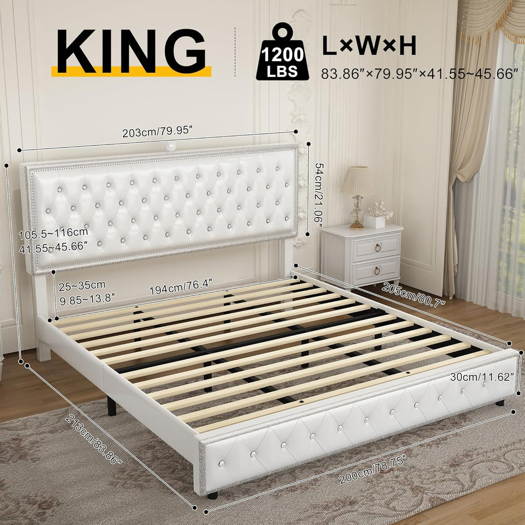 King Upholstered Platform Bed Frame with LED Headboard, Built-in Star Projector & Adjustable Headboard, No Box Spring Needed, Easy Assembly, Solid Wood Slats,Modern Bedroom Furniture, PU White