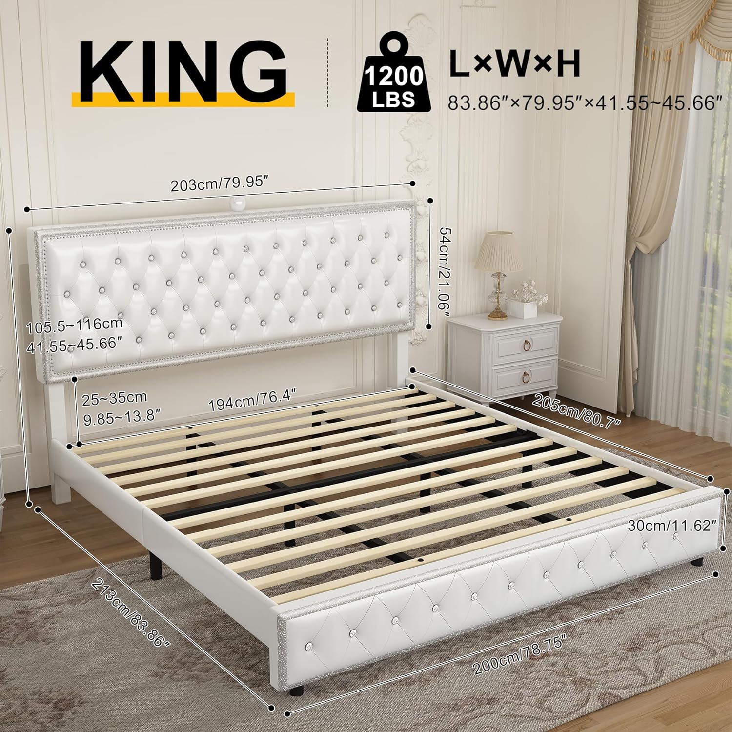 King Upholstered Platform Bed Frame with LED Headboard, Built-in Star Projector & Adjustable Headboard, No Box Spring Needed, Easy Assembly, Solid Wood Slats,Modern Bedroom Furniture, PU White