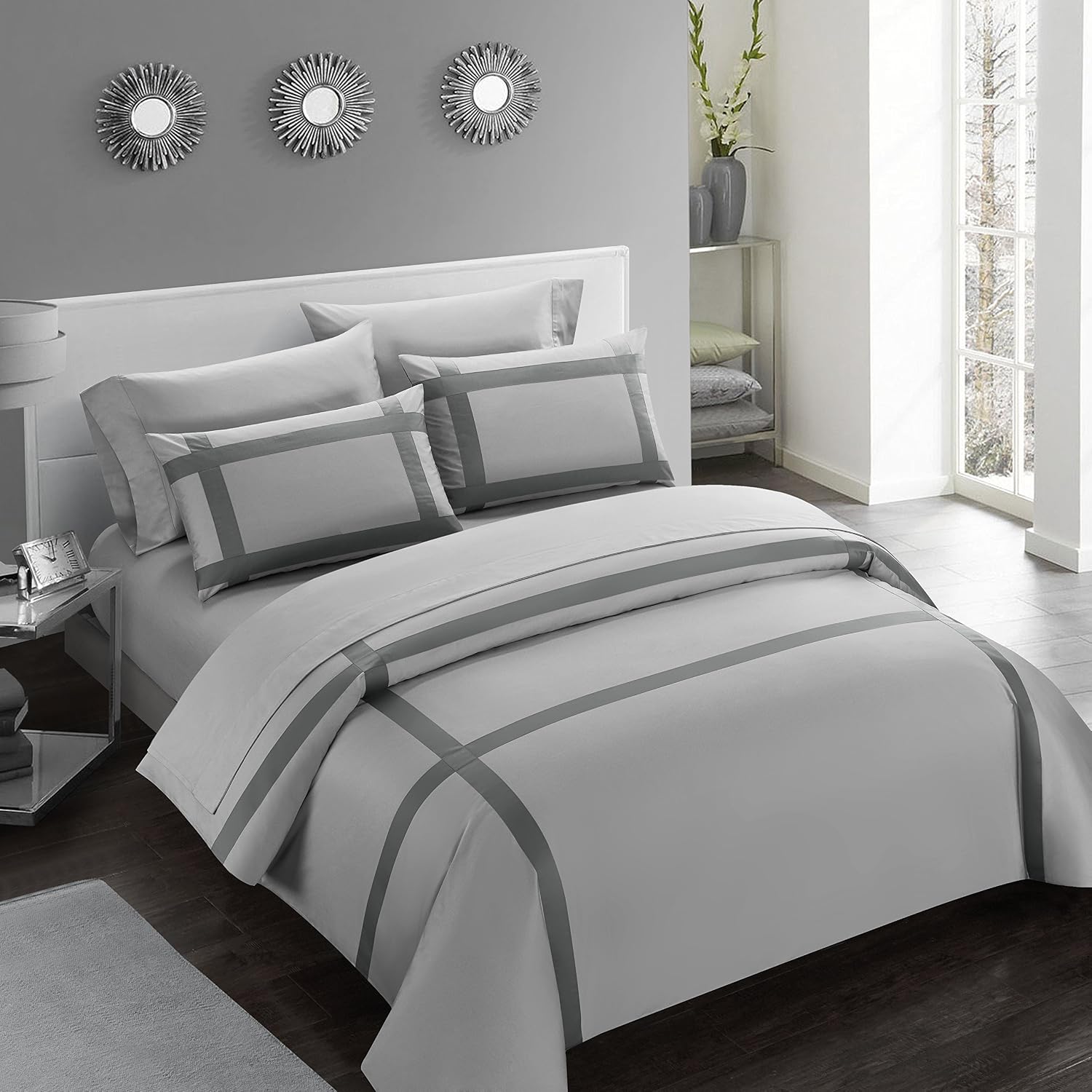 Casabolaj Equilibrio 3 Pieces Casual Duvet Cover Set-100% Egyptian Cotton Sateen 400 Thread Count-Modern Minimalist Bedding Sets Cross Patchwork Manufacturing-Silver/Grey Color (Full)