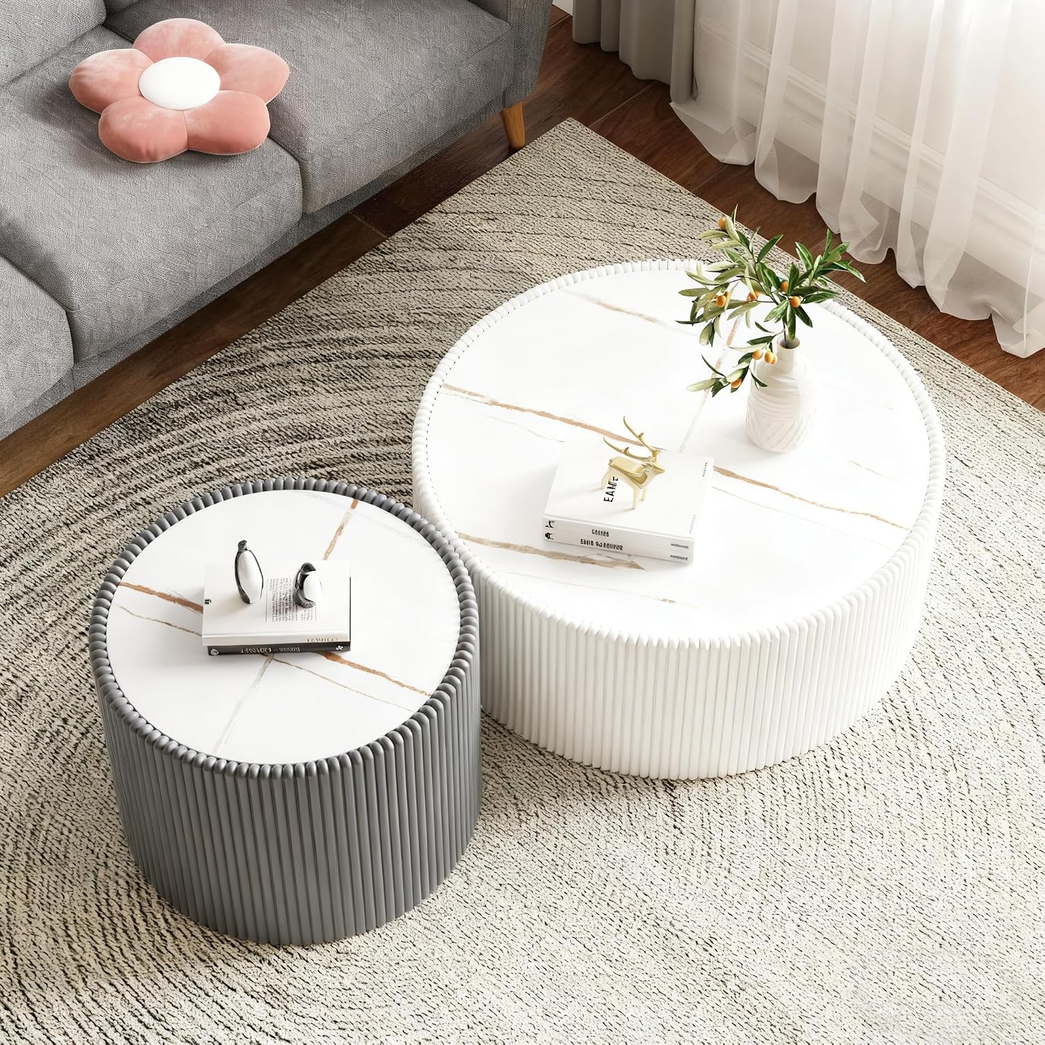 Round Coffee Table Set, 29.52' White Drum Center Table and 17.71' Grey Coffee Table Set, 2 Pieces Living Room Table Set with Sintered Stone Tabletop,Fluted PU Leather Covered and Stable Base