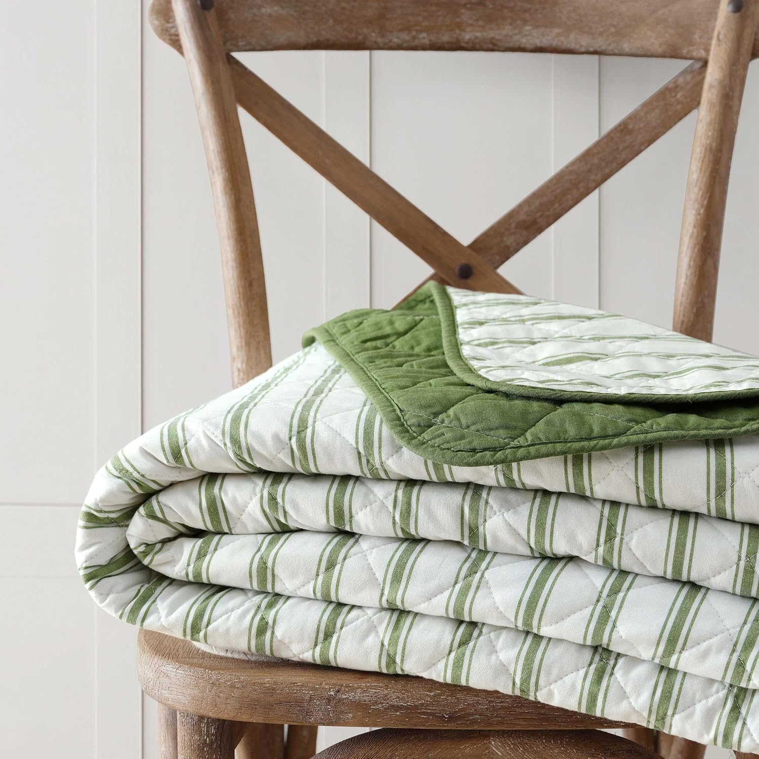 Martha Stewart - King Quilt Set, 100% Soft & Breathable Bedding with a Lightweight Feel for Year Round Comfort, 3 Piece Bed Set with Matching Pillowcases (Ticking Stripe Green)