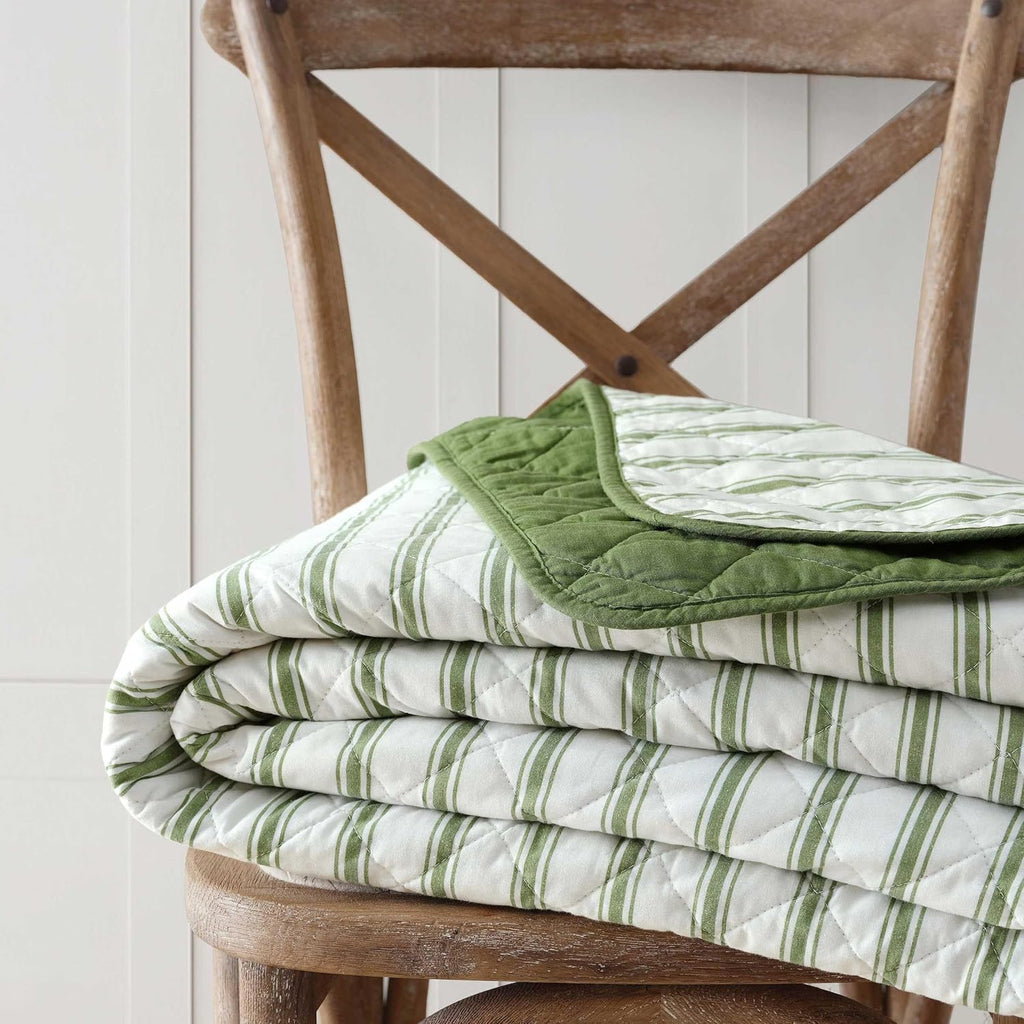 Martha Stewart - Queen Quilt Set, 100% Soft & Breathable Bedding with a Lightweight Feel for Year Round Comfort, 3 Piece Bed Set with Matching Pillowcases (Ticking Stripe Green)