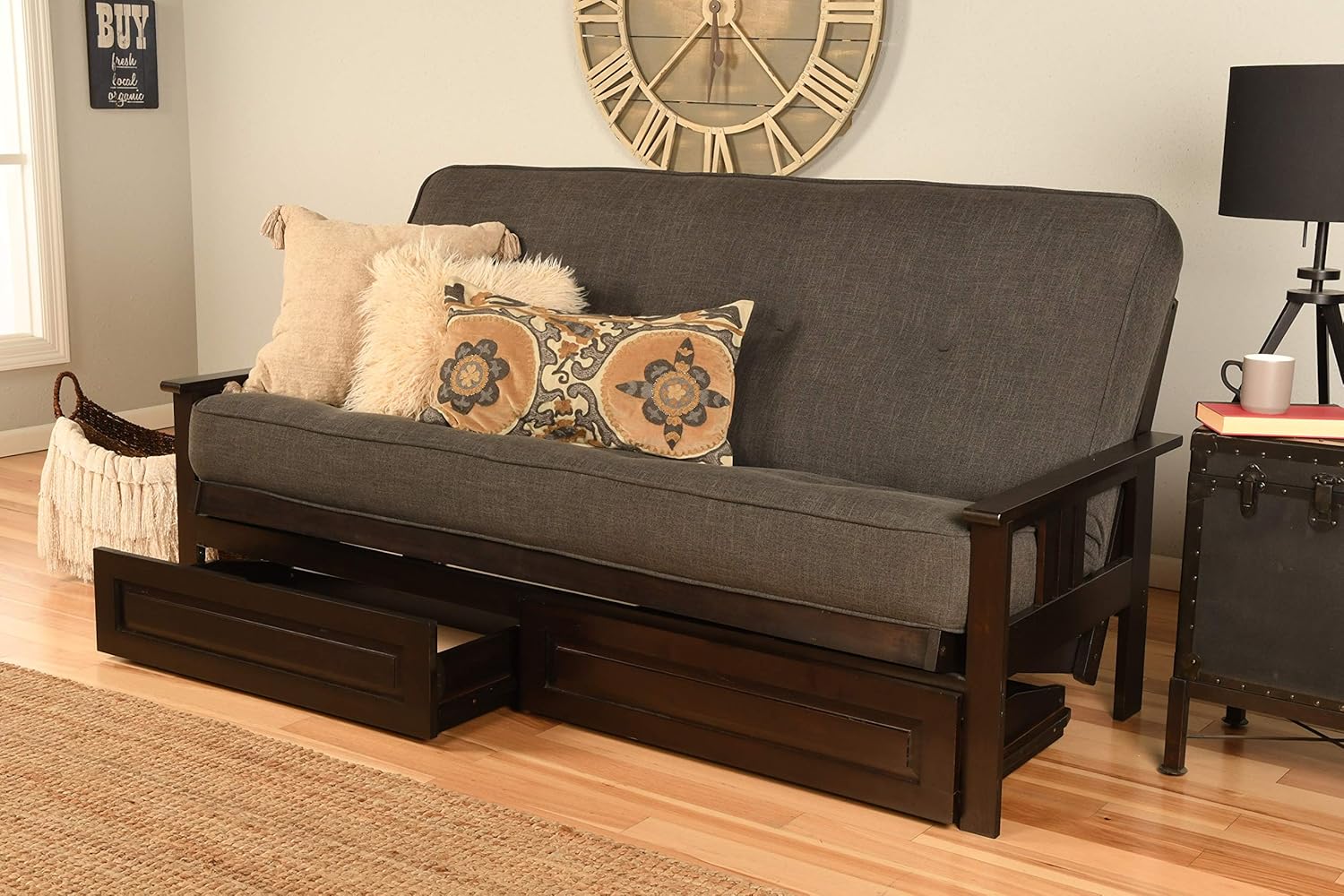 Kodiak Furniture Monterey Futon Set with Storage Drawers, with Espresso Base and Linen Charcoal Mattress