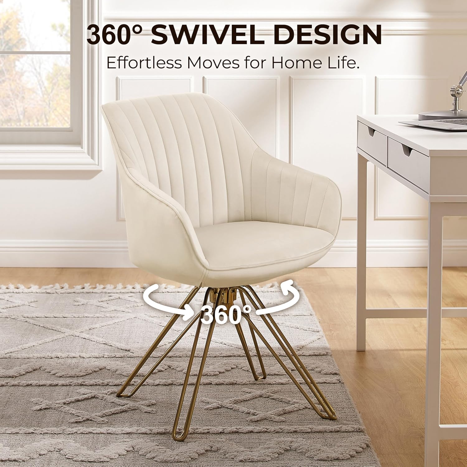 Volans Swivel Accent Chair, Mid Century Modern Dining Room Chairs with Hollow Black Metal Leg, Home Office Desk Chair No Wheels for Living Room, Bedroom, Off White