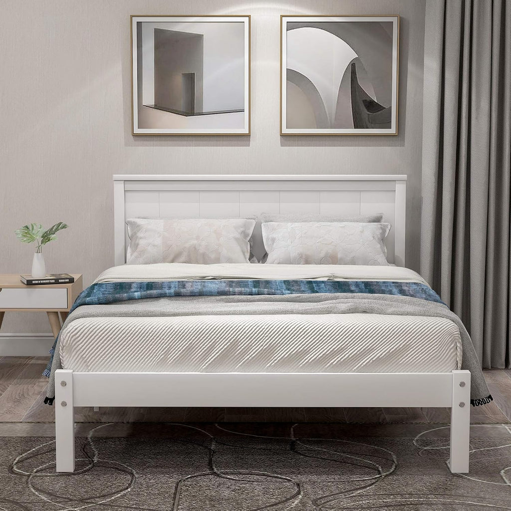 12 Inch Deluxe Twin Size Bed Frame with Headboard, Mid Century Retro Style White Wood Platform Beds Frames, No Box Spring Needed, 13 Strong Wooden Slat Support, Easy Assembly (White, Twin)