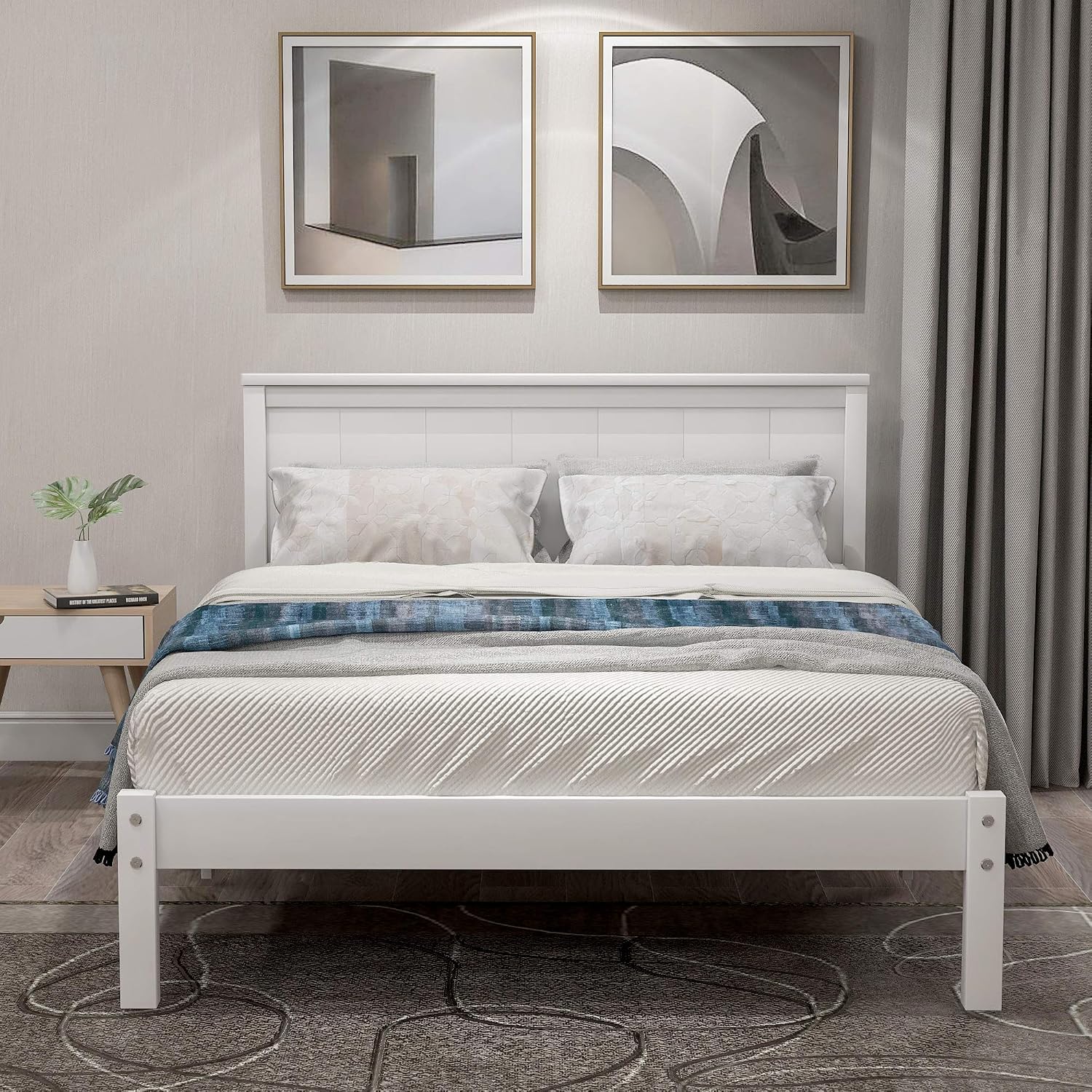 12 Inch Deluxe Twin Size Bed Frame with Headboard, Mid Century Retro Style White Wood Platform Beds Frames, No Box Spring Needed, 13 Strong Wooden Slat Support, Easy Assembly (White, Twin)