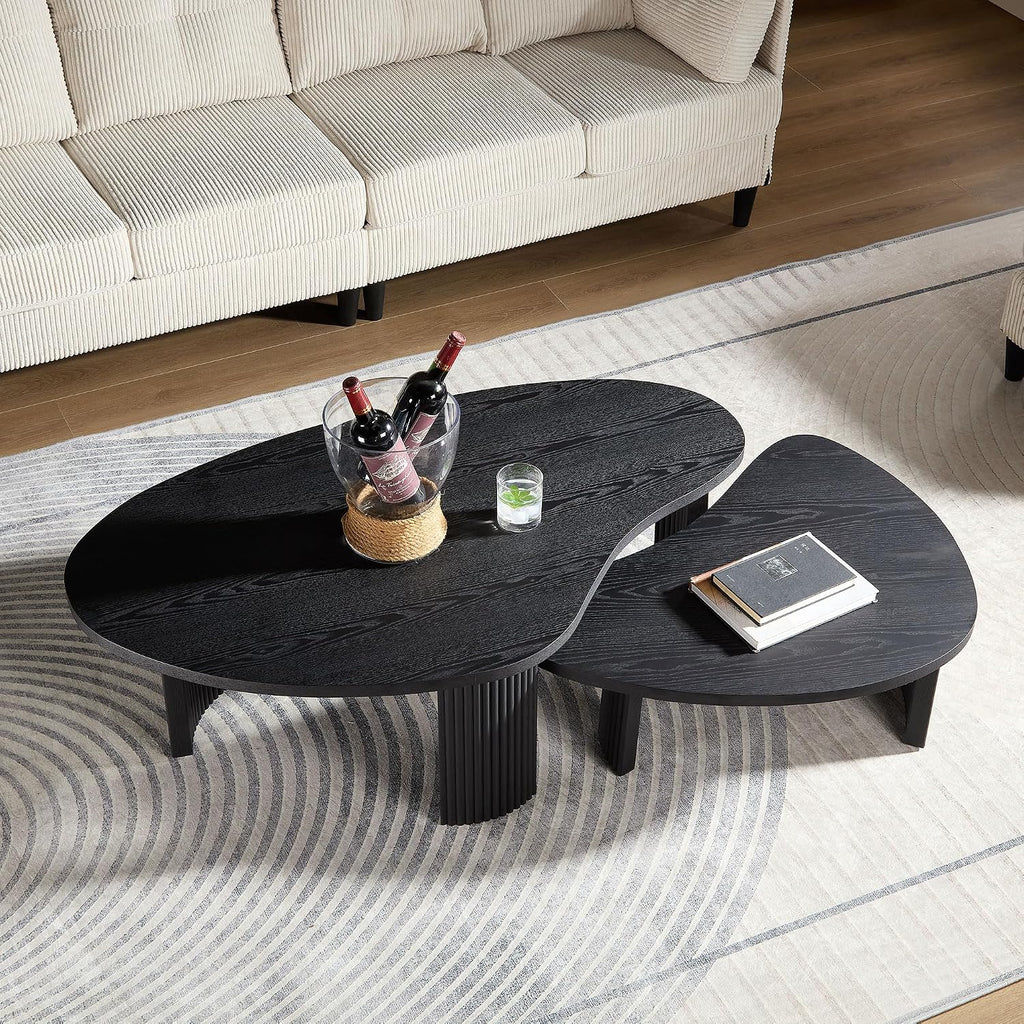 Modern Nesting Coffee Tables Set, 2-Piece Irregular Circle Wood Center Tables Unique End Side Table for Living Room Office, Fluted Legs Easy Assembly - Black